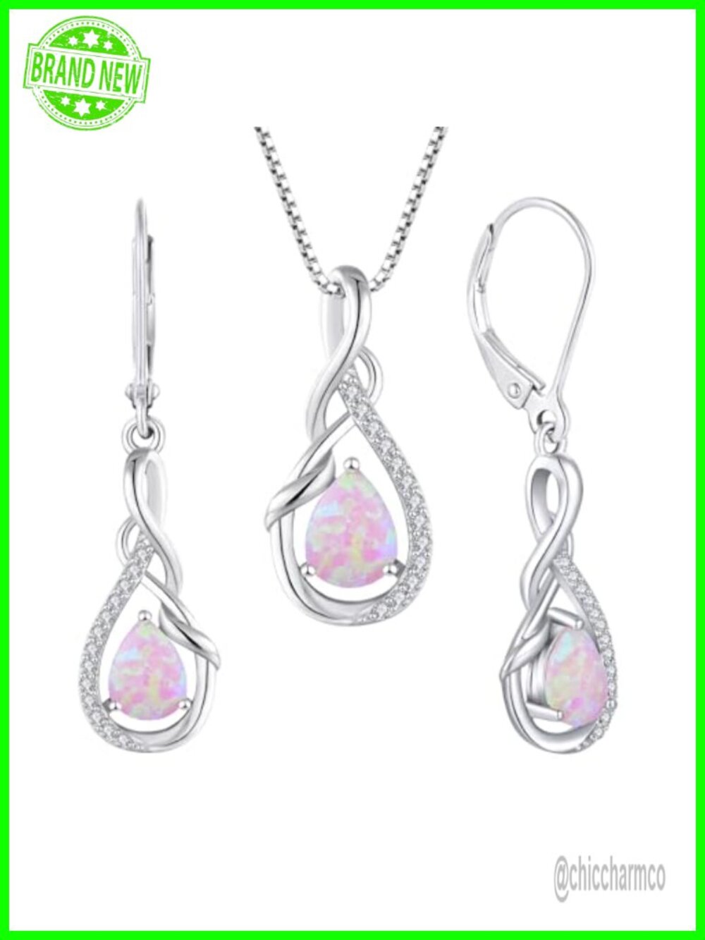 925 Sterling Silver Infinity Necklace Earrings Set Pear Cut Created Opal
